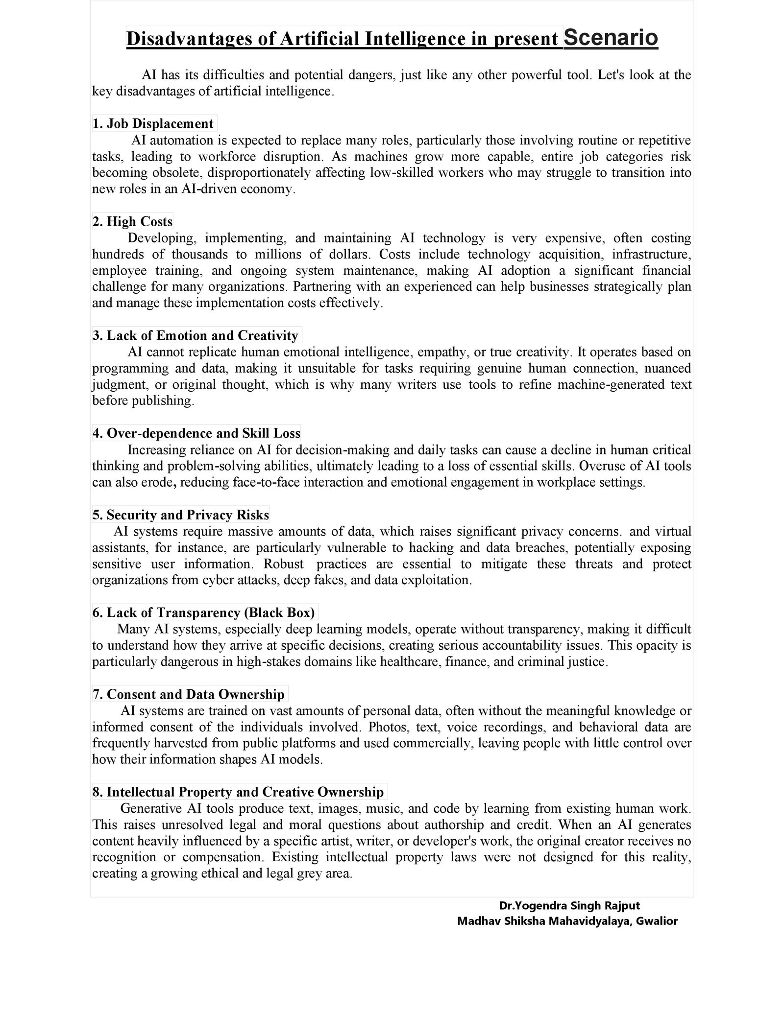 Disadvantages of Artificial Intelligence in present Scenario
